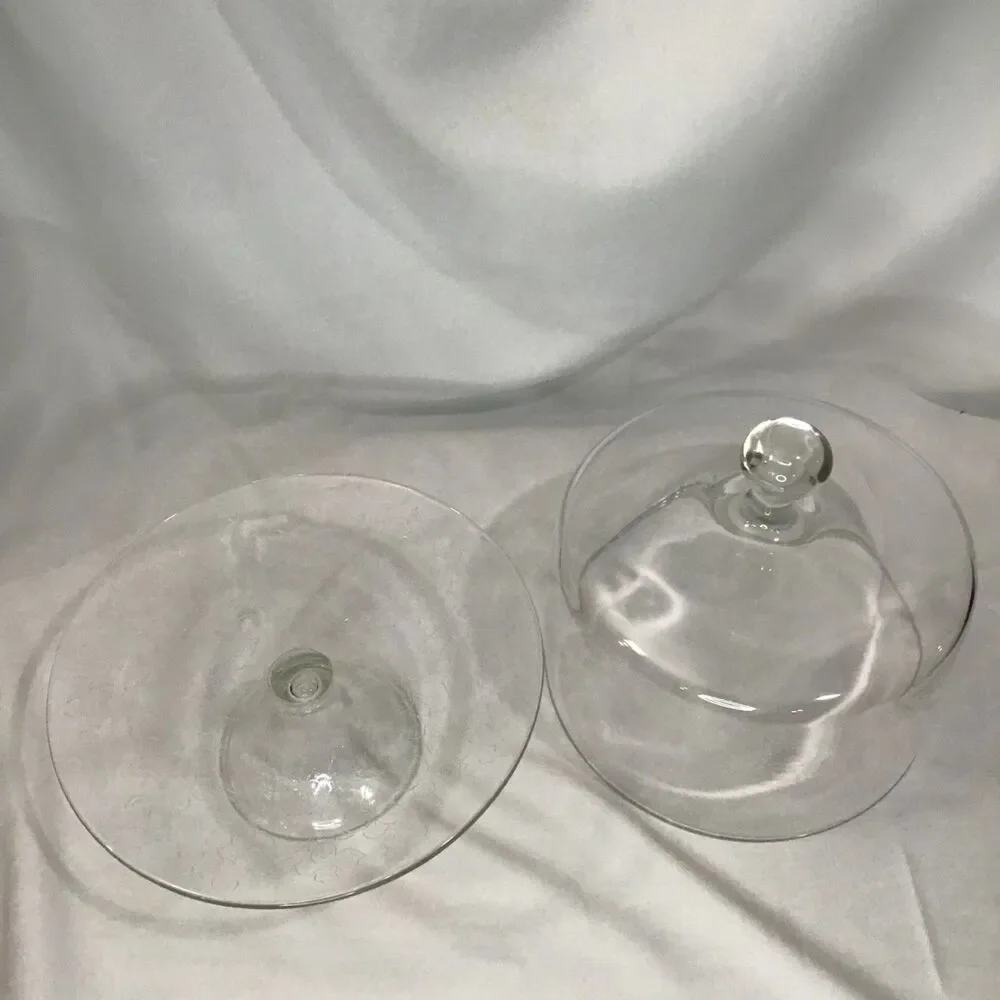 Vintage Heavy Pedestal Glass Etched Cake Stand with Glass Dome